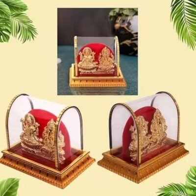 Gold Plated Laxmi Ganesh Idol In Acrylic Box | For Pooja, Car Dashboard Decorative Showpiece - 8 cm  (Metal, Multicolor) | Corporate Gifting | Bazzarking.com