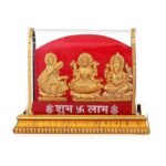 Gold Plated Laxmi Ganesh Murti Acrylic Idol Ma Saraswati and Shubh Labh Written Throne for Home Decor Pooja Room Murti Study Table Statue Showpiece & Figurine Living Room Office Decoration Gift Item