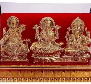 Gold Plated Laxmi Ganesh Saraswati Idol In Acrylic Box | For Car Dashboard Decorative Showpiece - 12 cm  (Aluminium, Multicolor)